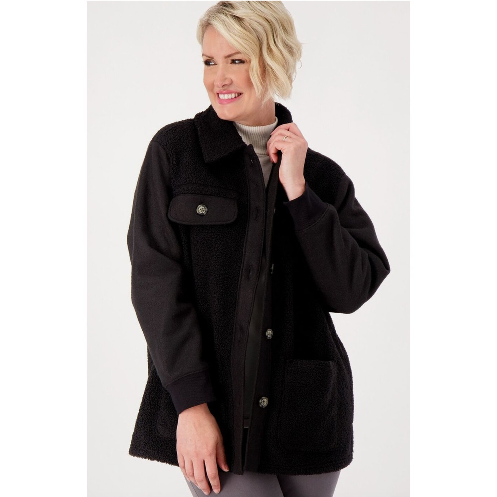 Encore By Idina Menzel Womens Black Button Up Sherpa Jacket Long Sleeve Size S